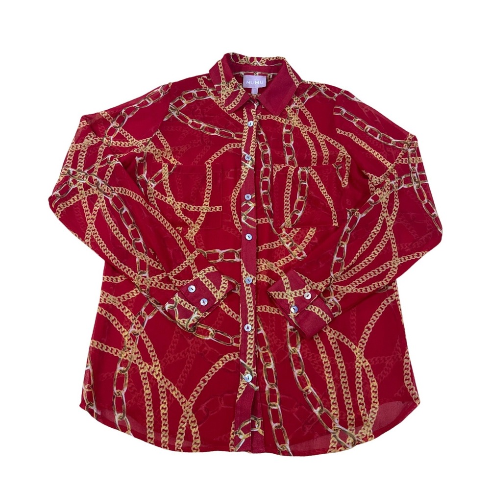Show Me Your Mumu Red Gold Chain Link Print Button Down Blouse Women's Small